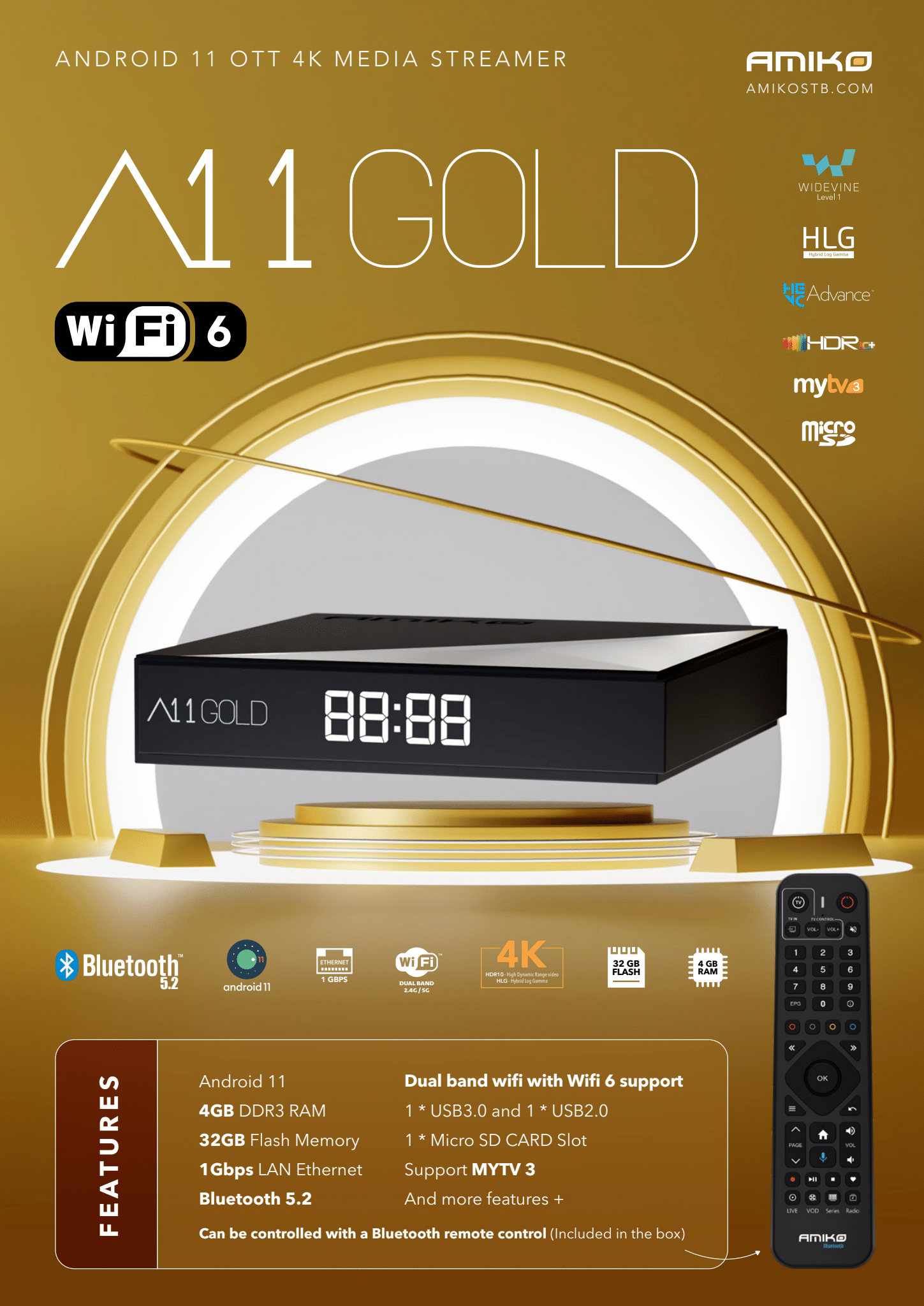 Amiko A11 Gold 4K Android OTT Media Streamer
